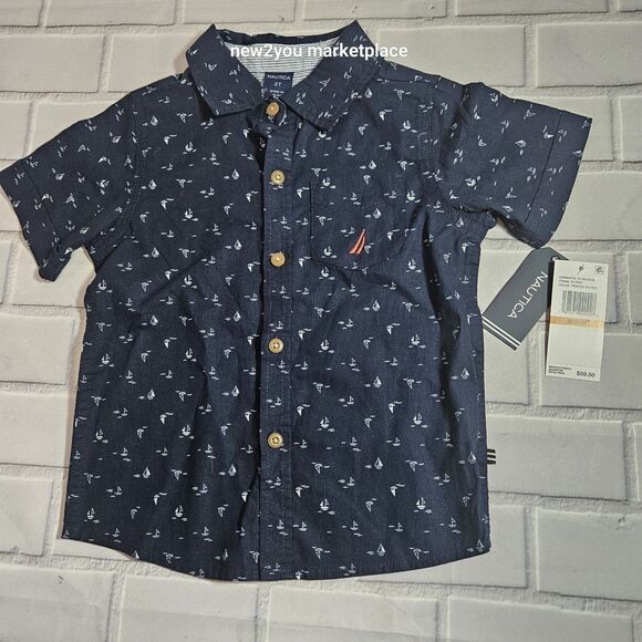 Nautica Toddler Boys SZ 3 T Short Sleeve Button Up printer wooven NWT - Picture 1 of 7